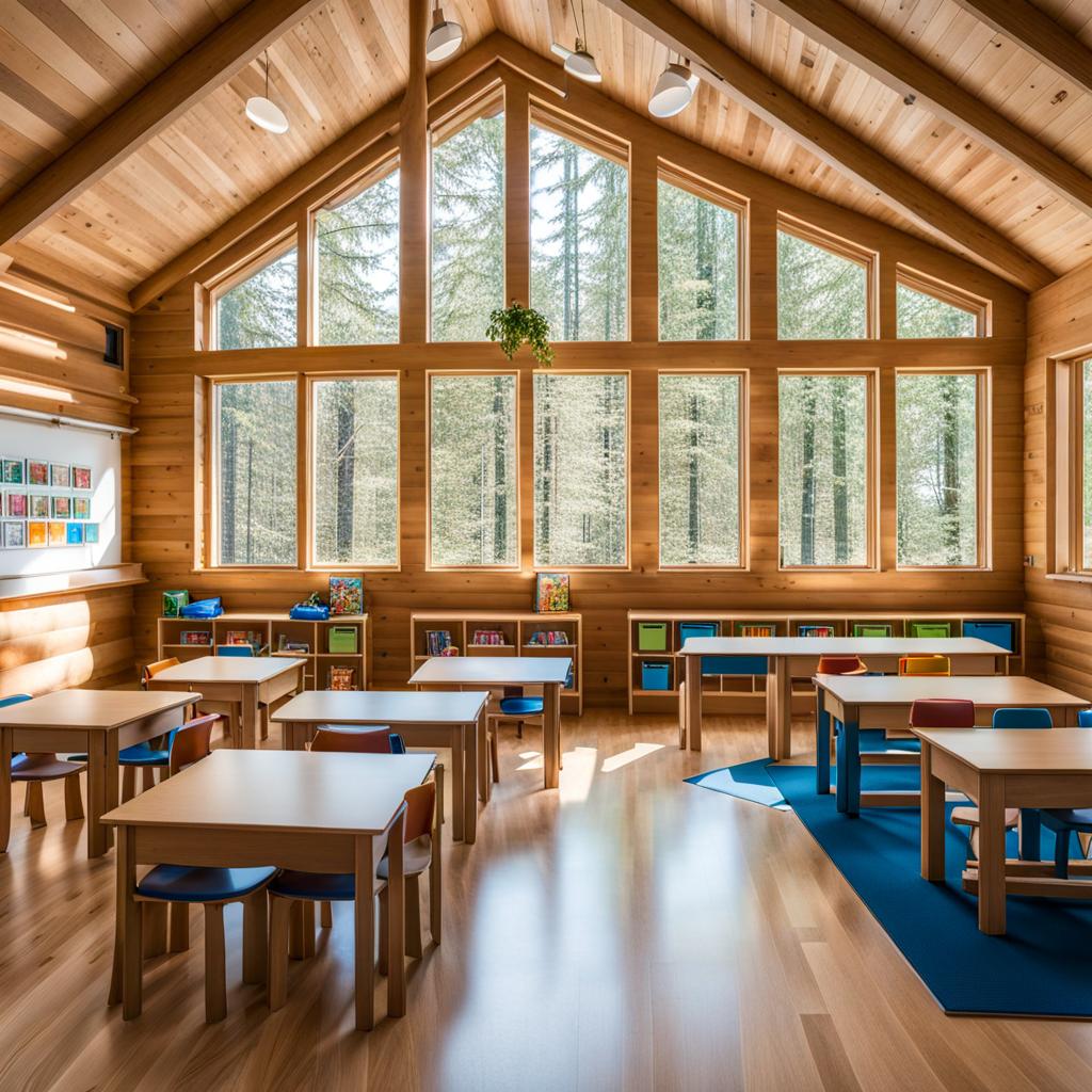 AI image of a classroom in a wood cabin. Desks, a blue carpet and large windows. No people